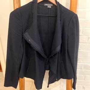 Vince Frayed Hem Scuba Jacket Moto Fringe tweed size Medium navy blue